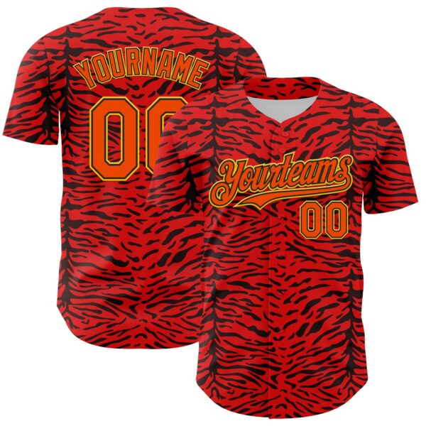 Custom Red Orange Black-Yellow 3D Pattern Design Burner Costumes Animal Tiger Print Authentic Baseball Jersey