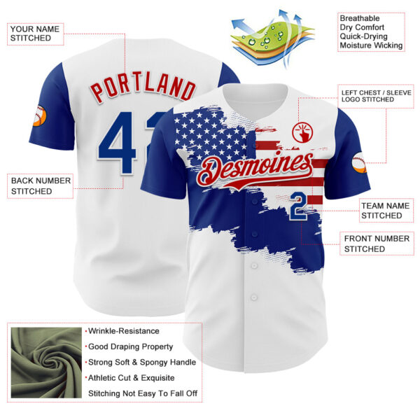 Custom White Royal-Red 3D American Flag Authentic Baseball Jersey