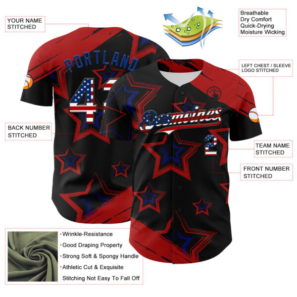 Custom Red USA Flag Black-Royal 3D America-Inspired Authentic Baseball Jersey