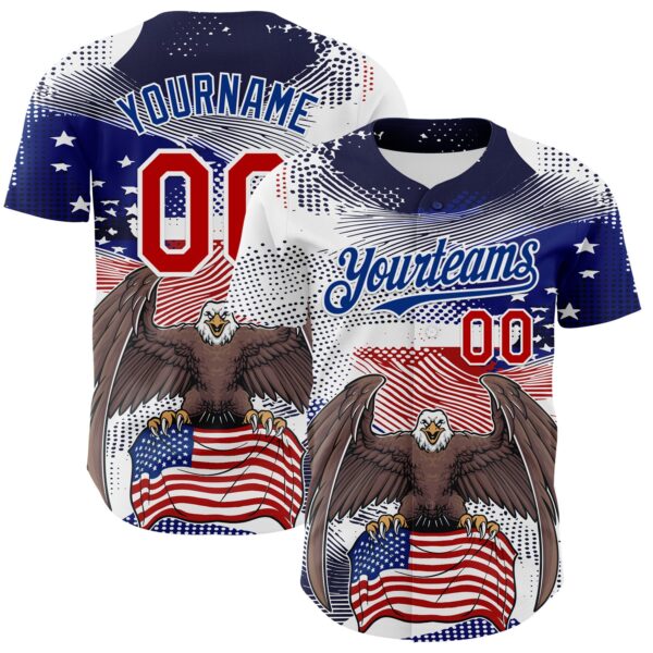 Custom White Red-Royal 3D American Flag National Symbols Bald Eagle Authentic Baseball Jersey