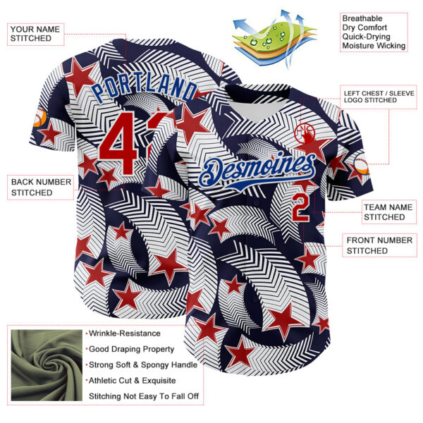 Custom White Red Navy-Royal 3D American Flag America-Inspired Authentic Baseball Jersey