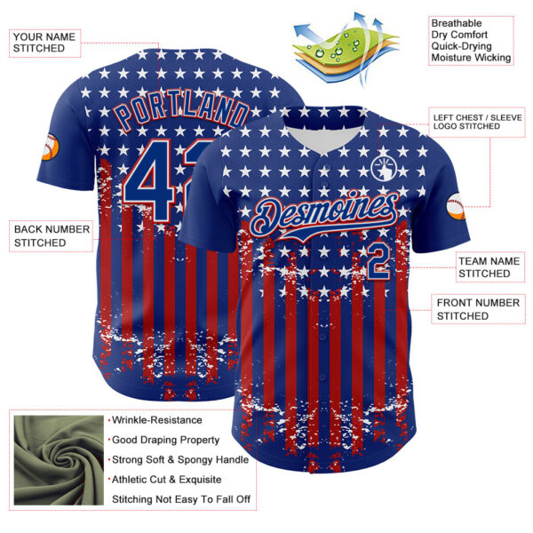 Custom Royal Red-White 3D Retro American Flag Authentic Baseball Jersey