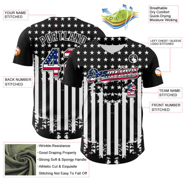 Custom Black USA Flag-White 3D Retro American Flag Authentic Baseball Jersey