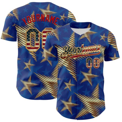 3DPattern8151 Custom Royal Vintage USA Flag Old Gold-Red 3D American Flag America-Inspired Stars Authentic Baseball Jersey