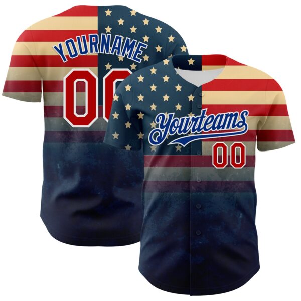 Custom Navy Red Royal-White 3D Gradient Retro American Flag Authentic Baseball Jersey