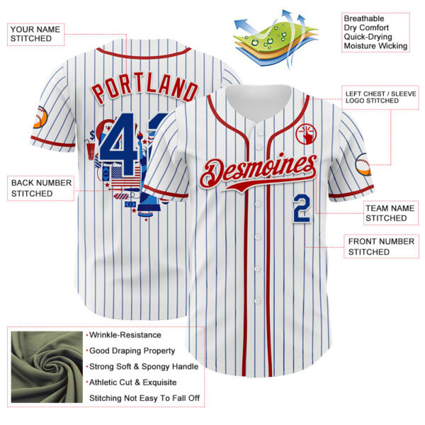 Custom White Blue Pinstripe Royal-Red 3D American Flag National Symbols Authentic Baseball Jersey