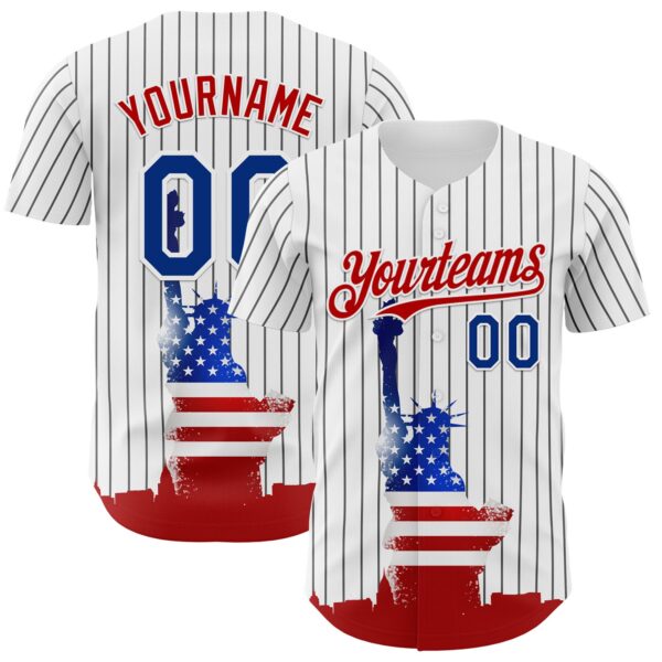 Custom White Black Pinstripe Royal-Red 3D American Flag Statue Of Liberty Authentic Baseball Jersey