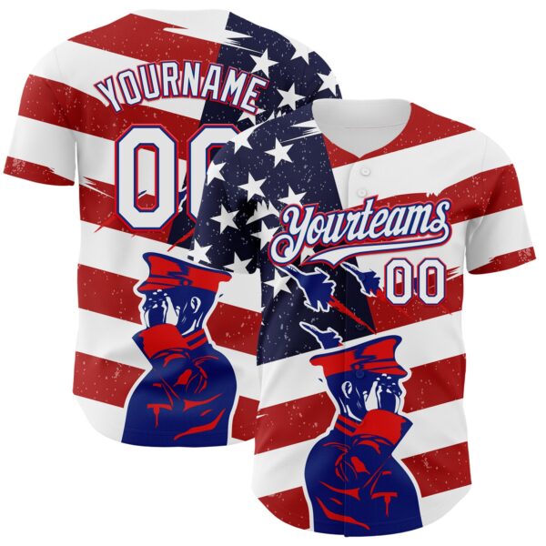 Custom White Royal-Fire Red 3D Retro American Flag Salute Authentic Baseball Jersey