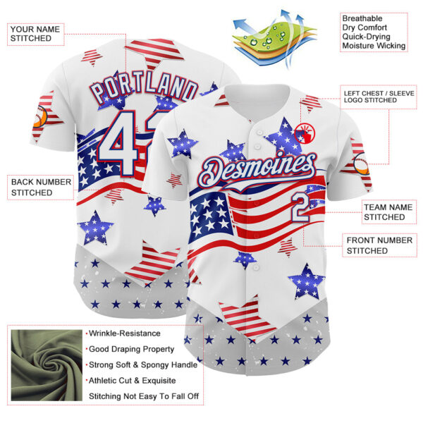 Custom White Royal-Fire Red 3D American Flag Stars Authentic Baseball Jersey