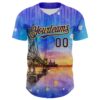 Custom Blue Dark Purple-Gold 3D Pattern Design Manhattan Bridge New York Sunset Authentic Baseball Jersey