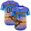 Custom Blue Dark Purple-Gold 3D Pattern Design Manhattan Bridge New York Sunset Authentic Baseball Jersey