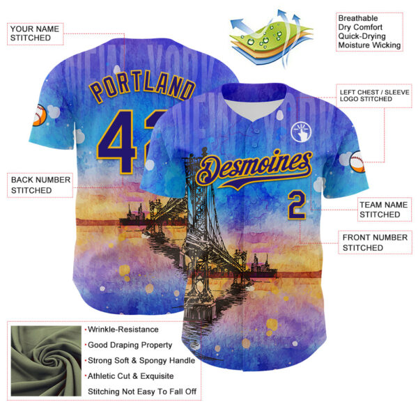 Custom Blue Dark Purple-Gold 3D Pattern Design Manhattan Bridge New York Sunset Authentic Baseball Jersey