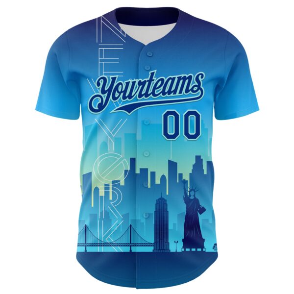 Custom Blue Royal-Ice Blue 3D Pattern Design New York Cityscape Statue Of Liberty Authentic Baseball Jersey