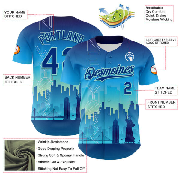 Custom Blue Royal-Ice Blue 3D Pattern Design New York Cityscape Statue Of Liberty Authentic Baseball Jersey