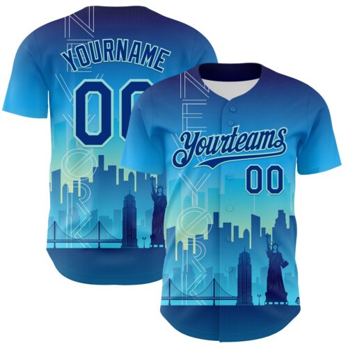 3DPattern8167 Custom Blue Royal-Ice Blue 3D Pattern Design New York Cityscape Statue Of Liberty Authentic Baseball Jersey