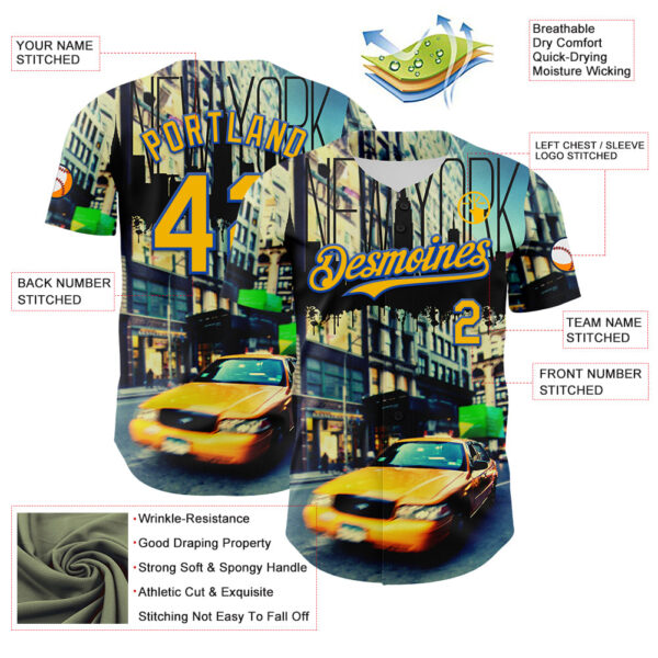 Custom Green Gold-Thunder Blue 3D Pattern Design New York Cityscape Statue Of Liberty Authentic Baseball Jersey