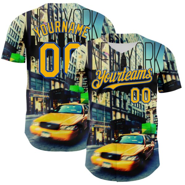 Custom Green Gold-Thunder Blue 3D Pattern Design New York Cityscape Statue Of Liberty Authentic Baseball Jersey
