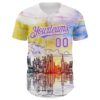 Custom White Medium Purple 3D Pattern Design New York Cityscape Sunrise Authentic Baseball Jersey