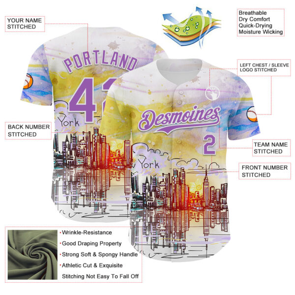 Custom White Medium Purple 3D Pattern Design New York Cityscape Sunrise Authentic Baseball Jersey