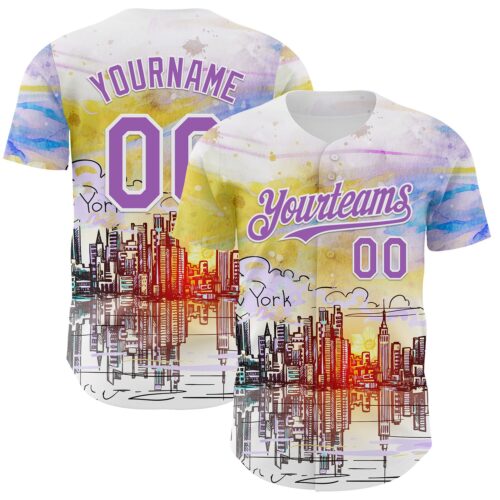 3DPattern8170 Custom White Medium Purple 3D Pattern Design New York Cityscape Sunrise Authentic Baseball Jersey