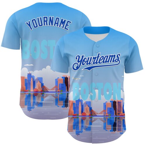 3DPattern8171 Custom Blue Thunder Blue-White 3D Pattern Design Boston Cityscape Skyline Authentic Baseball Jersey