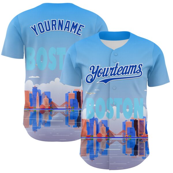 Custom Blue Thunder Blue-White 3D Pattern Design Boston Cityscape Skyline Authentic Baseball Jersey