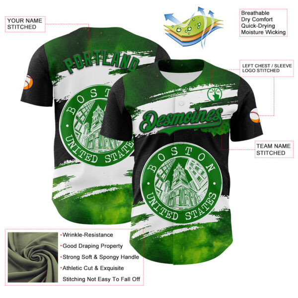 Custom Black Grass Green-White 3D Pattern Design Boston Cityscape Stamp Authentic Baseball Jersey