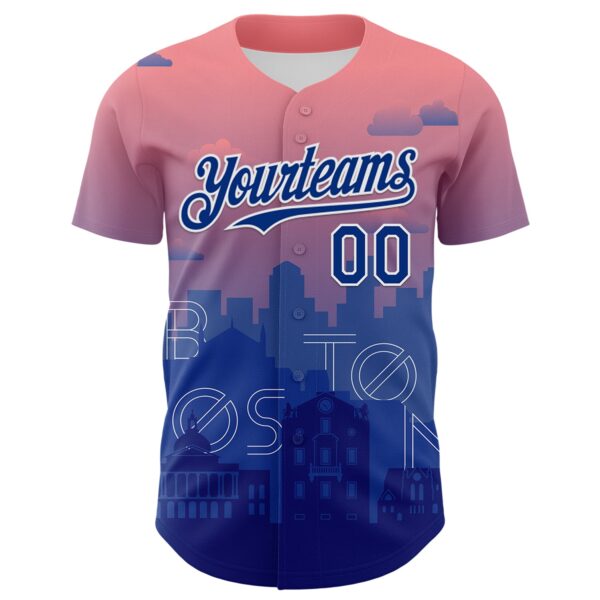 Custom Pink Royal Blue-White 3D Pattern Design Boston Cityscape Sunset Authentic Baseball Jersey