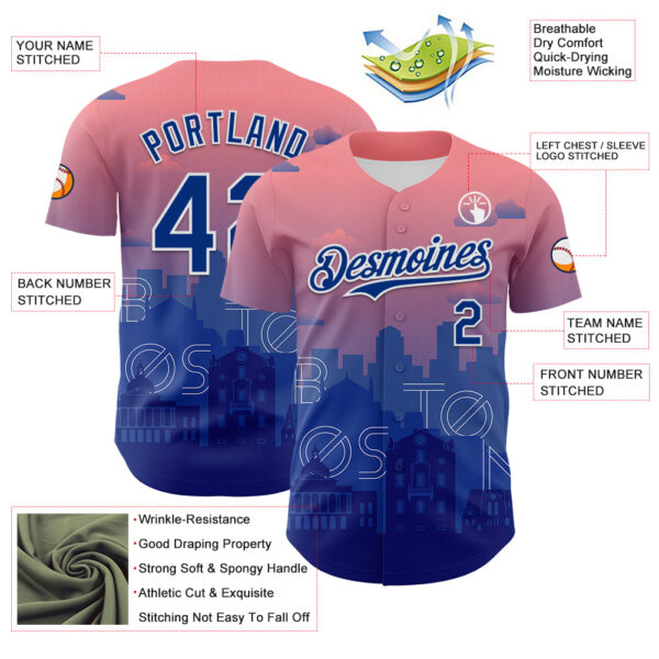 Custom Pink Royal Blue-White 3D Pattern Design Boston Cityscape Sunset Authentic Baseball Jersey