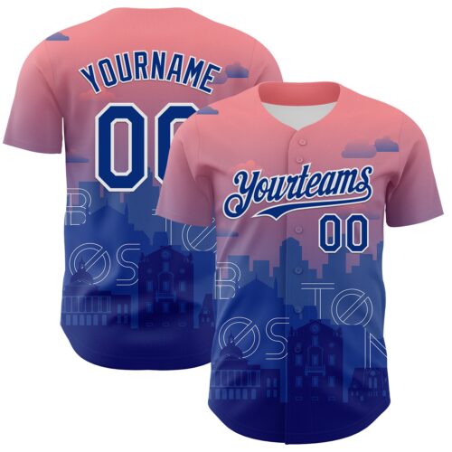 3DPattern8173 Custom Pink Royal Blue-White 3D Pattern Design Boston Cityscape Sunset Authentic Baseball Jersey
