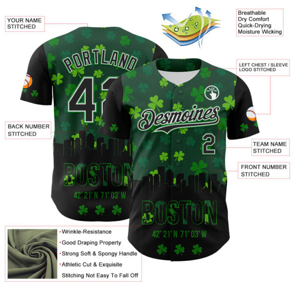 Custom Black White-Grass Green 3D Pattern Design Boston Cityscape Shamrock Authentic St. Patrick's Day Baseball Jersey