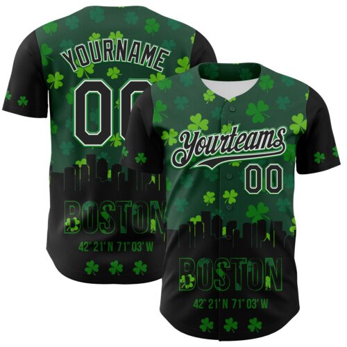 3DPattern8174 Custom Black White-Grass Green 3D Pattern Design Boston Cityscape Shamrock Authentic St. Patrick's Day Baseball Jersey
