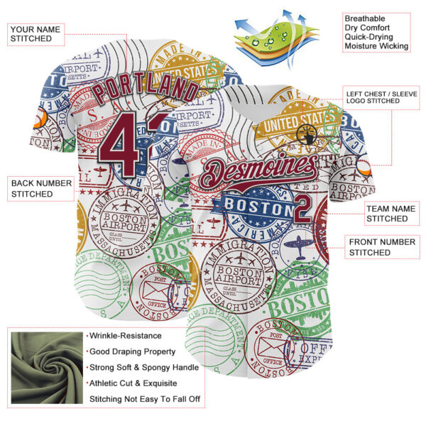 Custom White Crimson-Black 3D Pattern Design Boston Cityscape Stamp Authentic Baseball Jersey