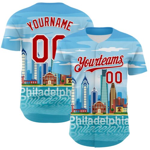 3DPattern8176 Custom Blue Red-White 3D Pattern Design Philadelphia Cityscape Skyline Authentic Baseball Jersey