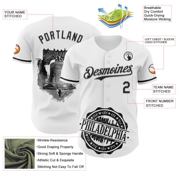 Custom White Black 3D Pattern Design Philadelphia Cityscape Liberty Bell Authentic Baseball Jersey