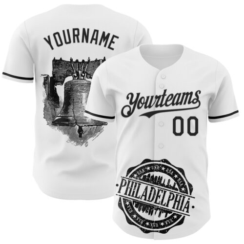 3DPattern8177 Custom White Black 3D Pattern Design Philadelphia Cityscape Liberty Bell Authentic Baseball Jersey