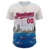 Custom White Fire Red-Blue 3D Pattern Design Detroit Cityscape Skyline Authentic Baseball Jersey