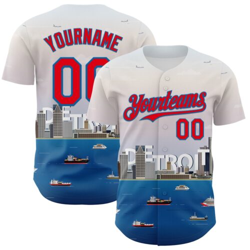 3DPattern8179 Custom White Fire Red-Blue 3D Pattern Design Detroit Cityscape Skyline Authentic Baseball Jersey