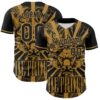 Custom Black Old Gold 3D Pattern Design Detroit Cityscape Steampunk Engine Bull Authentic Baseball Jersey