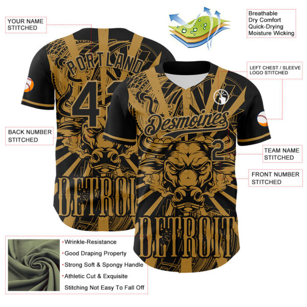 Custom Black Old Gold 3D Pattern Design Detroit Cityscape Steampunk Engine Bull Authentic Baseball Jersey