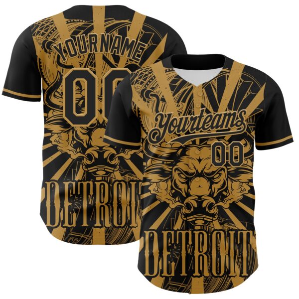 Custom Black Old Gold 3D Pattern Design Detroit Cityscape Steampunk Engine Bull Authentic Baseball Jersey