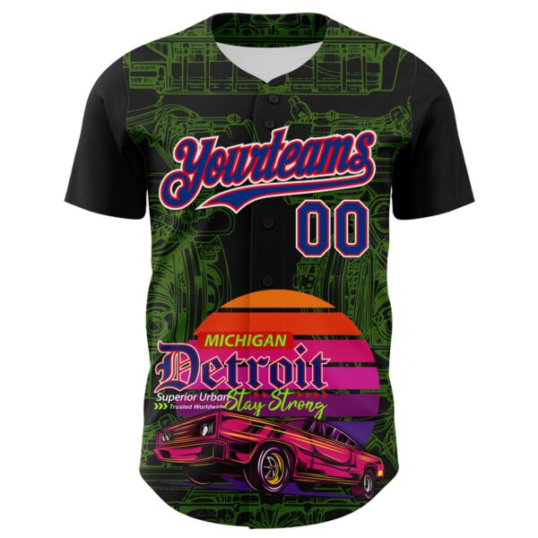 Custom Black Royal Green Fire Red-White 3D Pattern Design Detroit Cityscape Muscle Car Engine Authentic Baseball Jersey