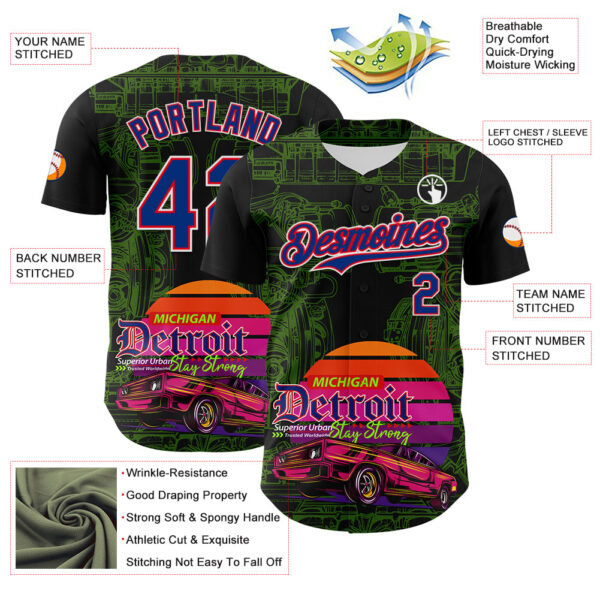 Custom Black Royal Green Fire Red-White 3D Pattern Design Detroit Cityscape Muscle Car Engine Authentic Baseball Jersey