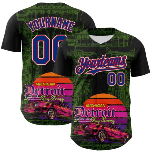 3DPattern8181 Custom Black Royal Green Fire Red-White 3D Pattern Design Detroit Cityscape Muscle Car Engine Authentic Baseball Jersey