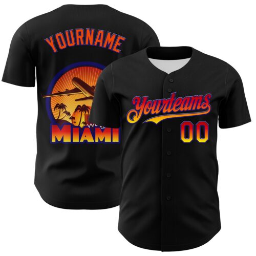 Custom Black Orange-Dark Purple 3D Pattern Design Gradient Miami Cityscape Sunset Authentic Baseball Jersey