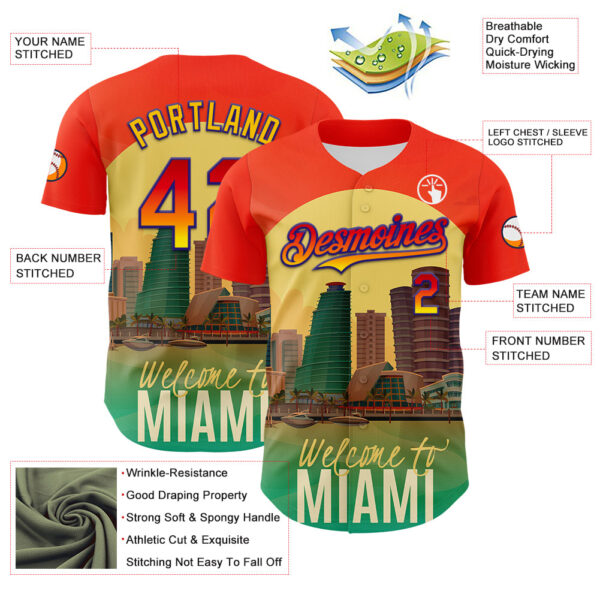 Custom Orange Green Yellow-Dark Purple 3D Pattern Design Gradient Miami Cityscape Sunset Authentic Baseball Jersey