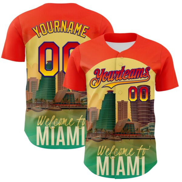 Custom Orange Green Yellow-Dark Purple 3D Pattern Design Gradient Miami Cityscape Sunset Authentic Baseball Jersey