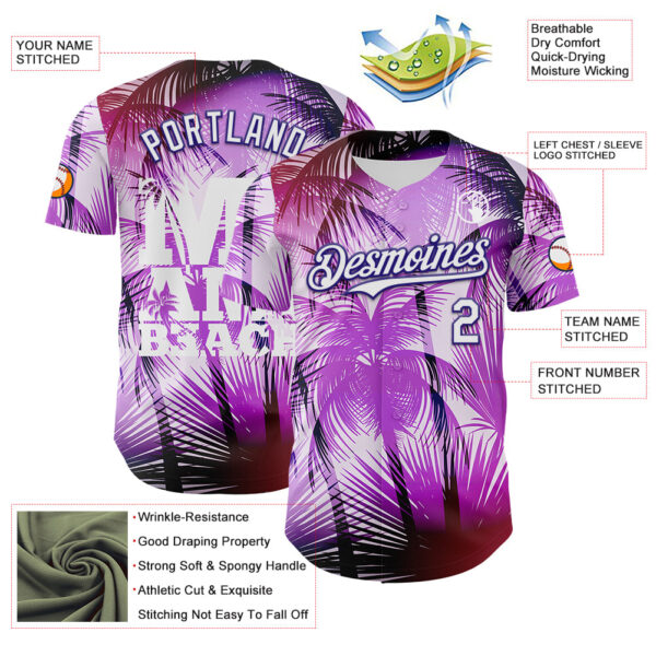 Custom Purple White-Dark Purple 3D Pattern Design Gradient Miami Cityscape Hawaii Tropical Palm Tree Authentic Baseball Jersey