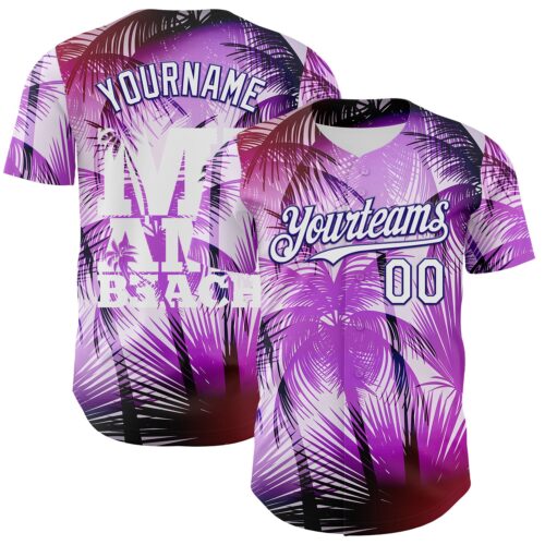 Custom Purple White-Dark Purple 3D Pattern Design Gradient Miami Cityscape Hawaii Tropical Palm Tree Authentic Baseball Jersey