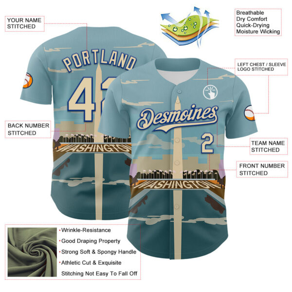 Custom Blue Cream-Royal 3D Pattern Design Washington Cityscape Skyline Authentic Baseball Jersey